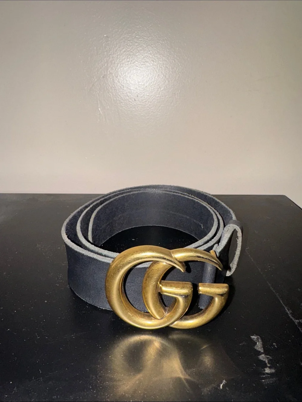 Gucci Black Suede Belt with Brass Double G Buckle